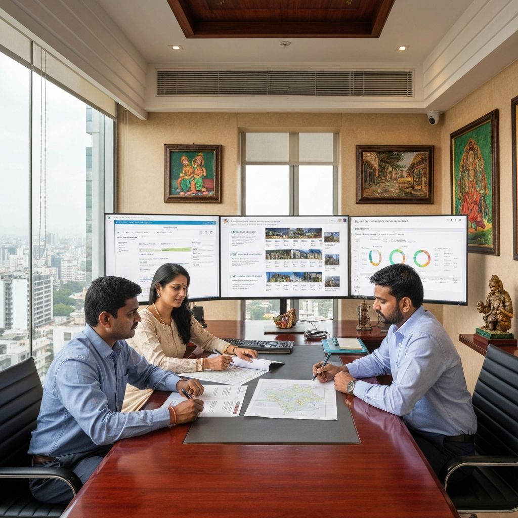 Professional Indian real estate team discussing property management and business strategies